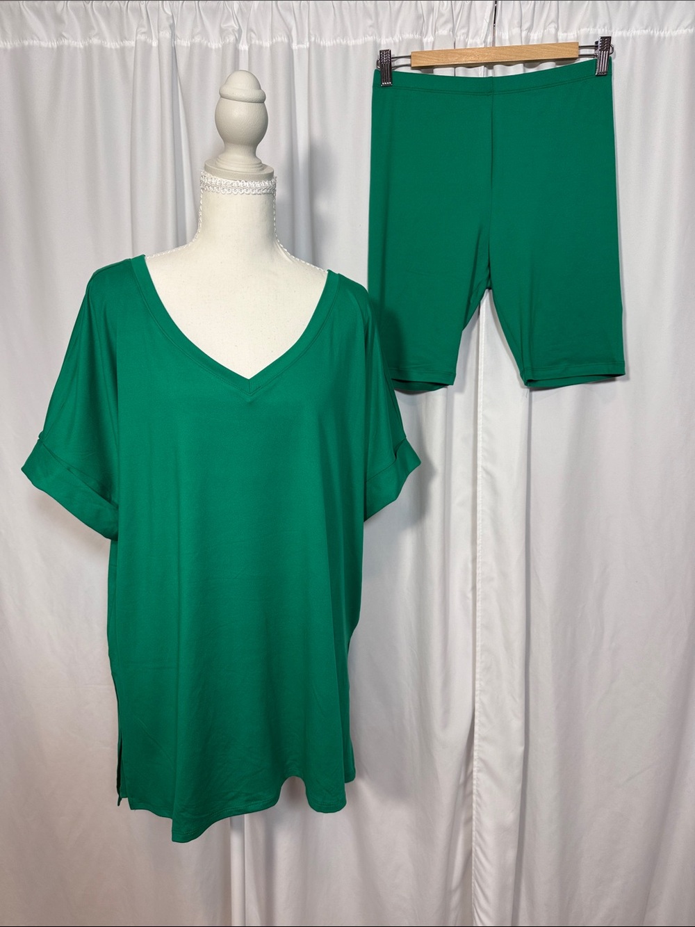 Zenana Green V-Neck Lounge Top with Matching Bike Shorts Set
